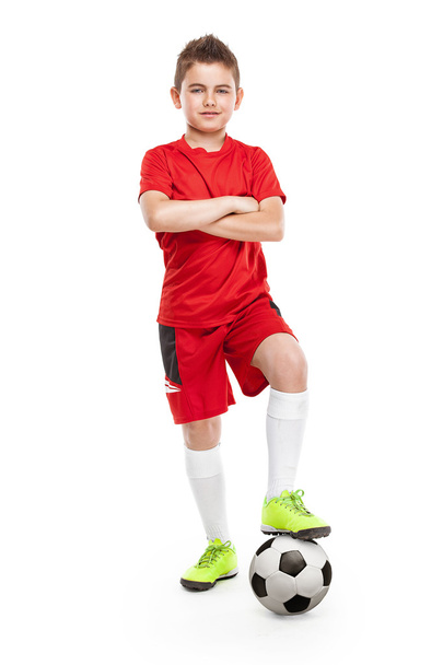 standing young soccer player with football - Fotó, kép