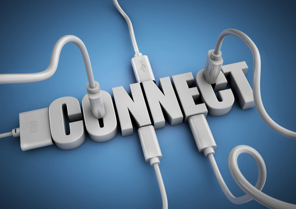 Комп'ютерні кабелі та штекери, прикріплені до 3d назви тексту З'єднайтеся
.  - Фото, зображення