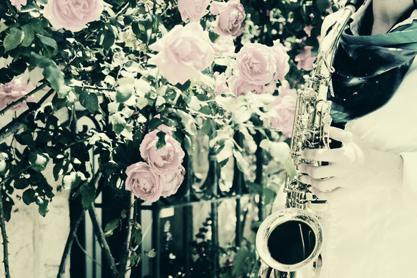 Saxofonista tocando no saxofone
 - Foto, Imagem