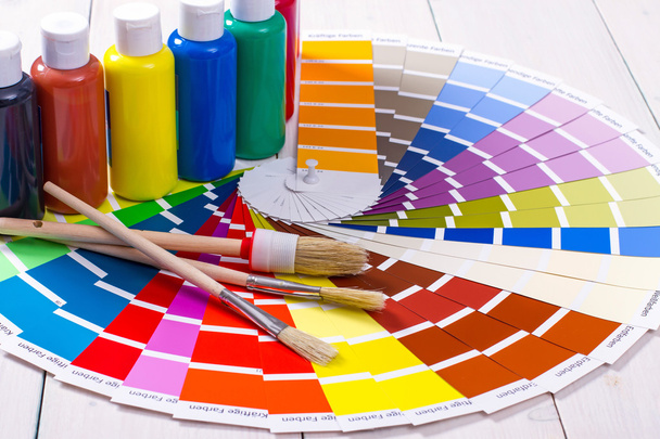 color palette, brush on white wooden background - Photo, Image
