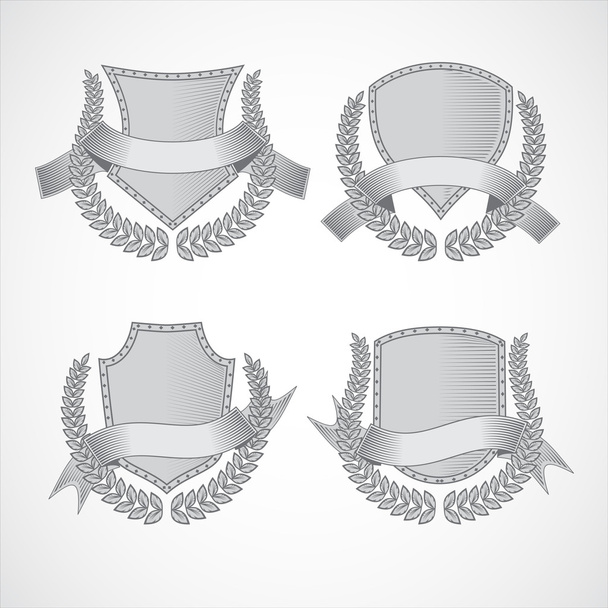 Elementos de diseño. Conjunto vectorial de escudos con coronas Laurel y cintas. Estilo de grabado
 - Vector, imagen