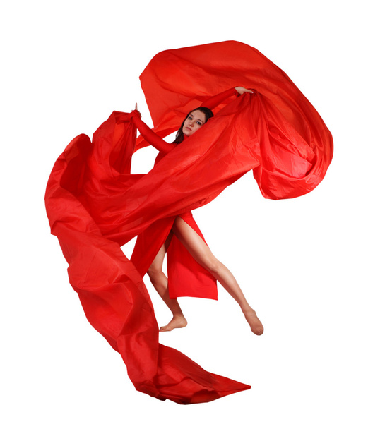 Young woman with red fabric over white - Фото, зображення