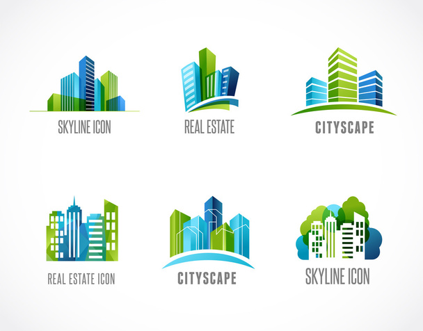 onroerend goed, stad, skyline pictogrammen en logo 's - Vector, afbeelding