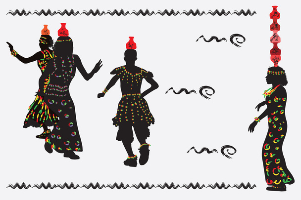Αφρικανικές γυναίκες και ένας άνδρας που Χορεύοντας ένα λαϊκό χορό με στάμνες εμπό - Διάνυσμα, εικόνα