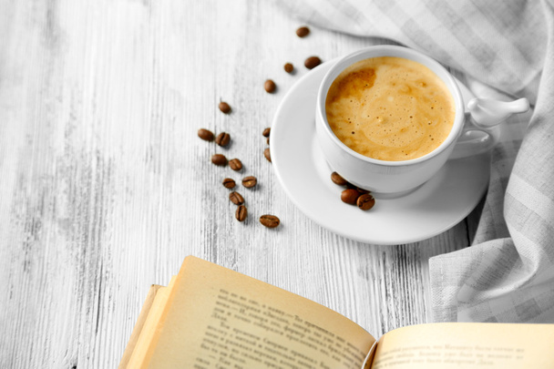 Still life with cup of coffee and book, close up - Foto, Imagem