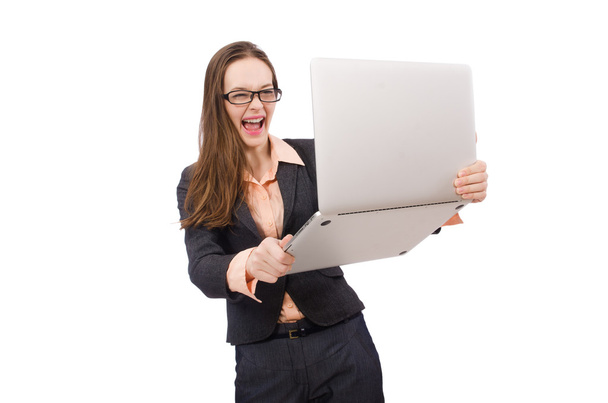 Робоча дама з ноутбуком ізольована на білому
 - Фото, зображення