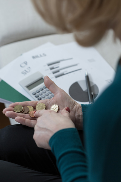 Woman counting coins - 写真・画像