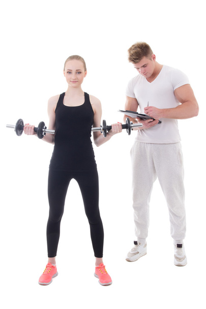 sporty woman doing exercises with personal trainer isolated on w - Фото, зображення