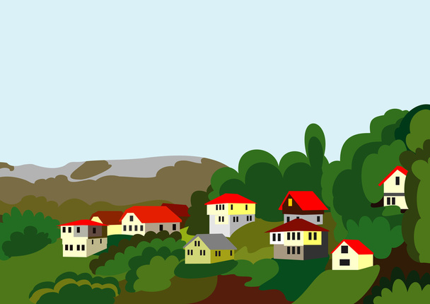 Casas de pueblo montaña y bosque
 - Vector, imagen