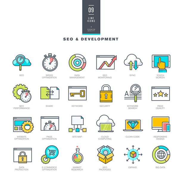Sor modern színes ikonok a Seo és honlap fejlesztés - Vektor, kép