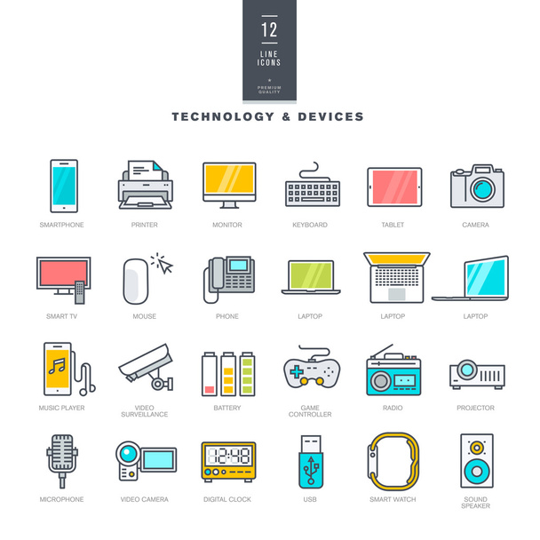 Zestaw linii nowoczesny kolor ikony dla technologii i urządzeń elektronicznych - Wektor, obraz