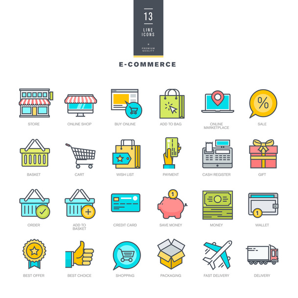 Zestaw linii nowoczesny kolor ikony dla e-commerce - Wektor, obraz