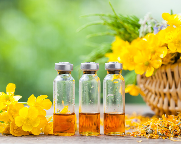 Bottles of healing plants treatment and healthy herbs in basket. - Foto, Imagen
