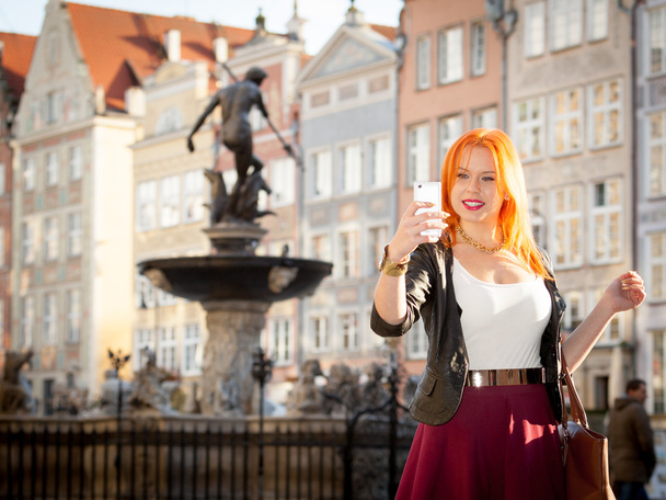 woman fashion girl with smartphone outdoor - Φωτογραφία, εικόνα