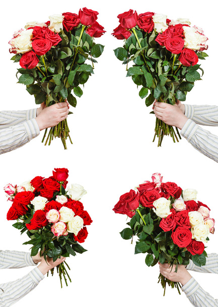набор из множества цветов роз в мужских руках
 - Фото, изображение