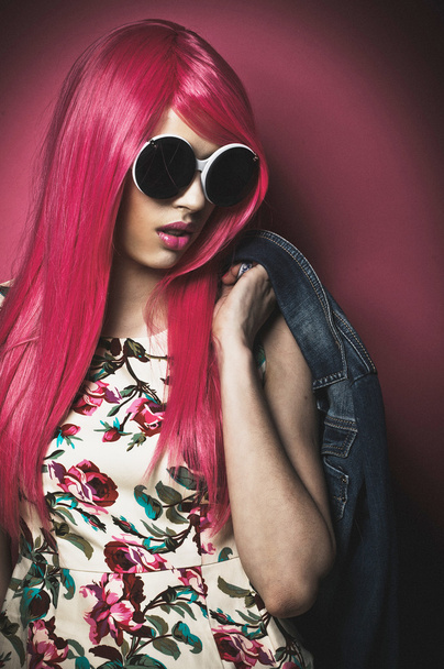 Beautiful fashion model  with pink hair - Photo, Image