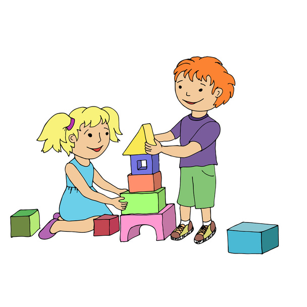 小さな女の子と男の子のおもちゃ積み木で遊ぶ. - ベクター画像