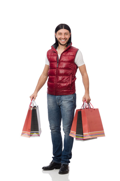 Man with shopping bags isolated on white - Photo, image