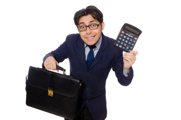 Uomo divertente con calcolatrice isolato su bianco
 - Foto, immagini