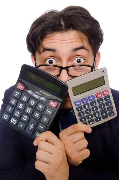 Смешной человек с калькулятором изолирован на белом
 - Фото, изображение