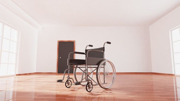 Fauteuil roulant handicapé noir à l'intérieur chambre vide avec plancher en bois
  - Photo, image