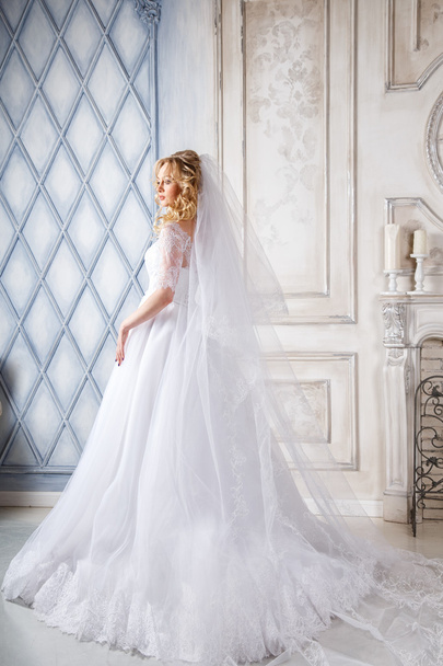 photo of a beautiful brunette bride in a luxurious wedding dress in elegant expensive interior - Zdjęcie, obraz