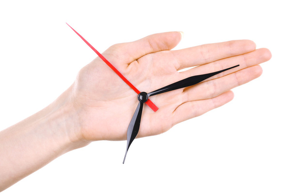 Hand holding clock arrows isolated on white - Фото, зображення
