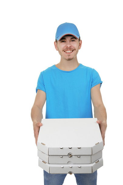 Delivery boy with cardboard pizza box isolated on white - Foto, Imagem