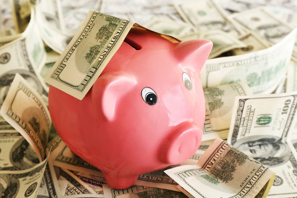 Piggy bank on pile of dollars - Foto, Bild