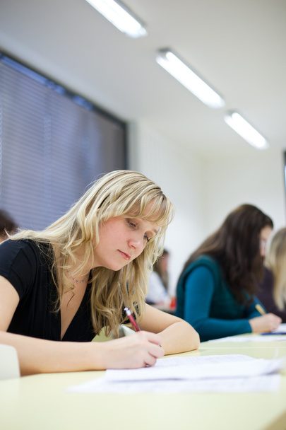 ung ganska kvinnliga collegestudent sitter i ett klassrum - Fotografie, Obrázek