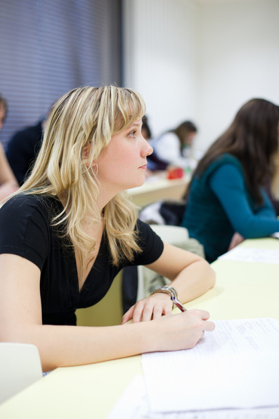 Young pretty female college student sitting in a classroom - Foto, imagen