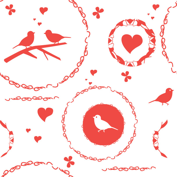 シームレスなパターン ベクトル図、鳥、心 - ベクター画像