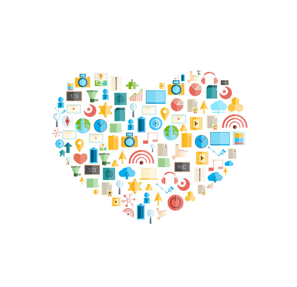 Heart social network with media icons background illustr - Fotoğraf, Görsel
