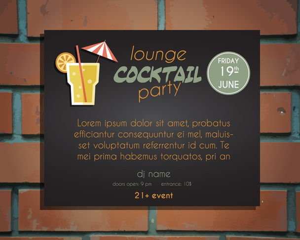 Lounge cocktail party poster invitation template with Screw driver cocktail. Vintage design for bar or restaurant. Isolated on brick wall background. Vector - Vektor, obrázek
