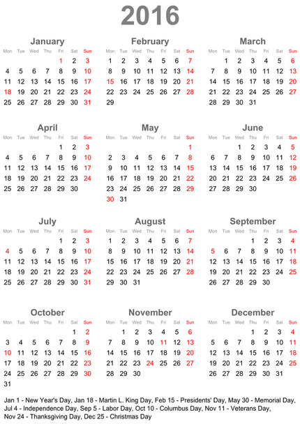 Calendario simple 2016 con días festivos para los EE.UU.
 - Vector, Imagen