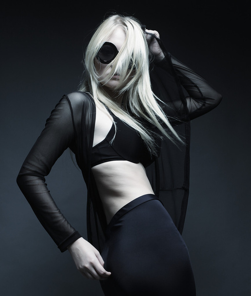 blond woman posing in black lingerie - 写真・画像