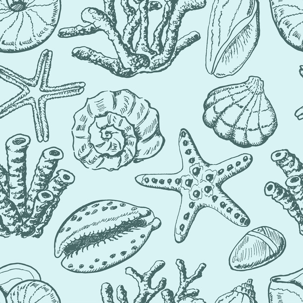 Seamless pattern with shells, coral and starfish on blue background - Vektör, Görsel