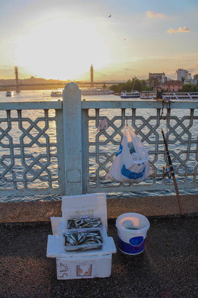 αλιευμάτων από την αλιεία στην γέφυρα του Γαλατά στην Κωνσταντινούπολη - Φωτογραφία, εικόνα