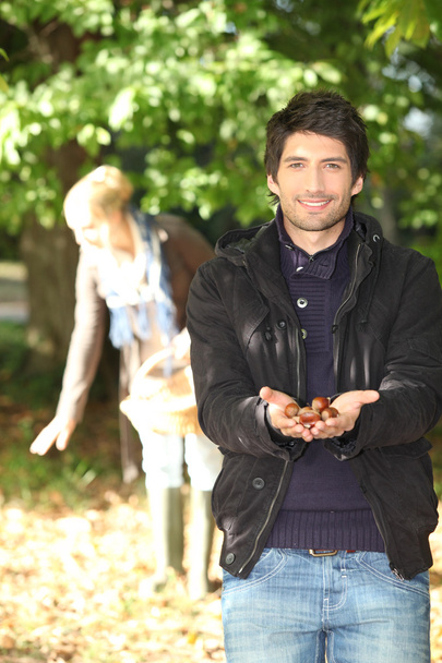 Young man and his girlfriend, gathering chestnuts - Foto, afbeelding