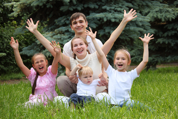 Family of five rejoice outdoor in summer sit on grass - Photo, Image