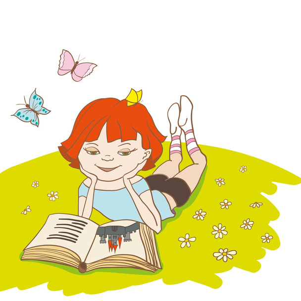La niña está leyendo un cuento de hadas en un prado
 - Vector, Imagen