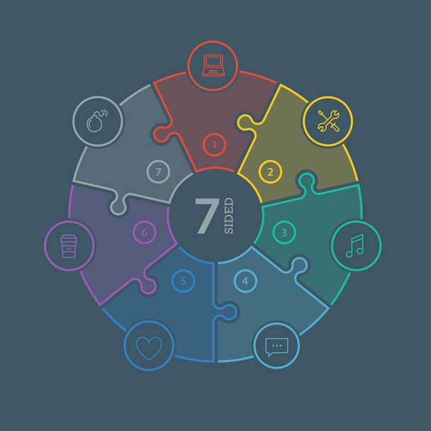 Schema infografico con presentazione di puzzle colorato a spettro arcobaleno piatto numerato con icone isolate su sfondo scuro
 - Vettoriali, immagini