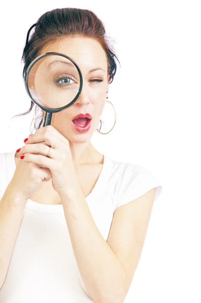 Pretty Young Woman With Magnifying Glass - Photo, Image