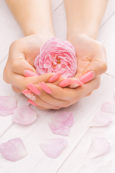 French manicure met roze bloemen. Spa - Foto, afbeelding