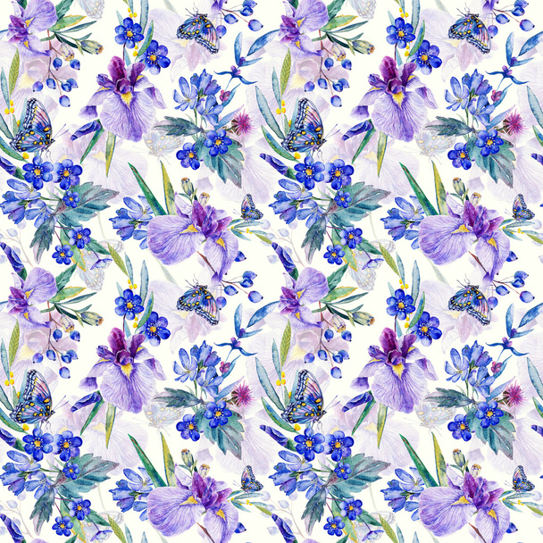 Seamless pattern. Watercolor iris, leaves, butterfly. - Foto, Bild