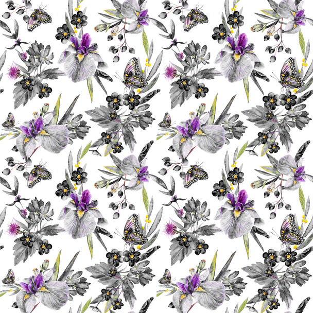 Seamless pattern. Watercolor iris, leaves, butterfly. - Foto, Imagem