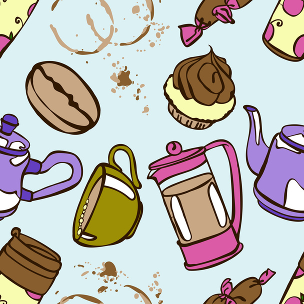 Coffee. Coffee theme. Desserts. Vector seamless illustration with the image of coffee, coffee pots, coffee cups, cake, coffee beans and coffee stains. Bright picture. Hot invigorating drink. - Vetor, Imagem