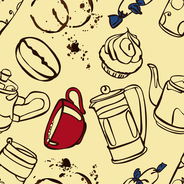Coffee. Coffee theme. Desserts. Vector seamless illustration with the image of coffee, coffee pots, coffee cups, cake, coffee beans and coffee stains. Bright picture. Hot invigorating drink. - Vector, Imagen