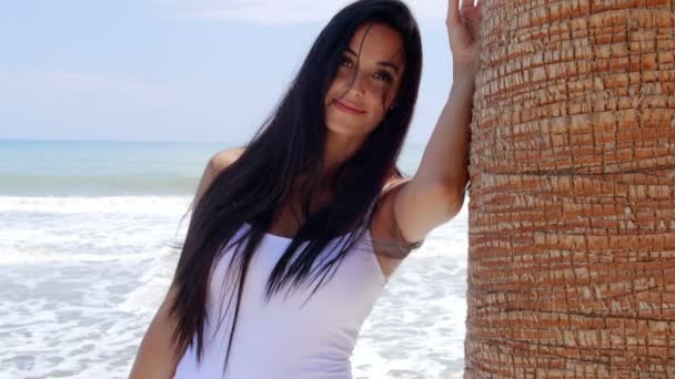 Lady at Beach Palm Tree - Footage, Video
