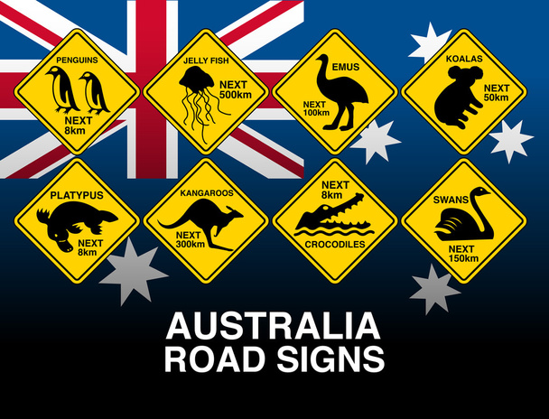 Señales de advertencia amarillas australianas con bandera
 - Vector, imagen